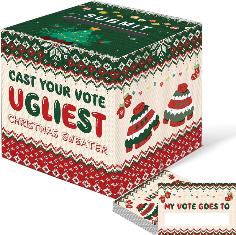 CINSOEN Christmas Ugly Sweater Contest Ballot Card Box, Decorative Christmas Voting Card Box Set with 50 Ballot Voting Cards, Cast Votes for Ugliest Sweater Holiday Xmas Games Party Decorations - Image 1